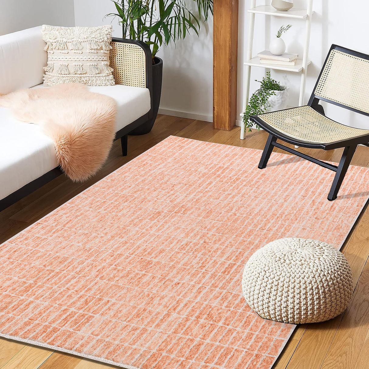 Living room with white sofa, peach rug, pouf, chair, plant, shelves.