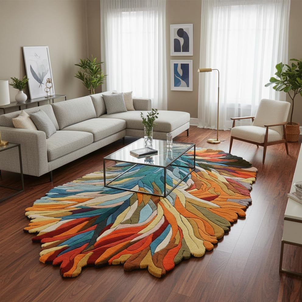 Handmade Irregular Shape Wool Area Rug - Unique Botanical Design Carpet