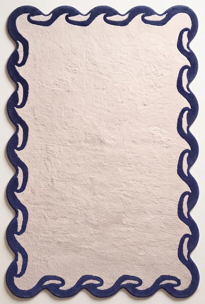Hand-Tufted Wool Area Rug Scalloped Wave Border,