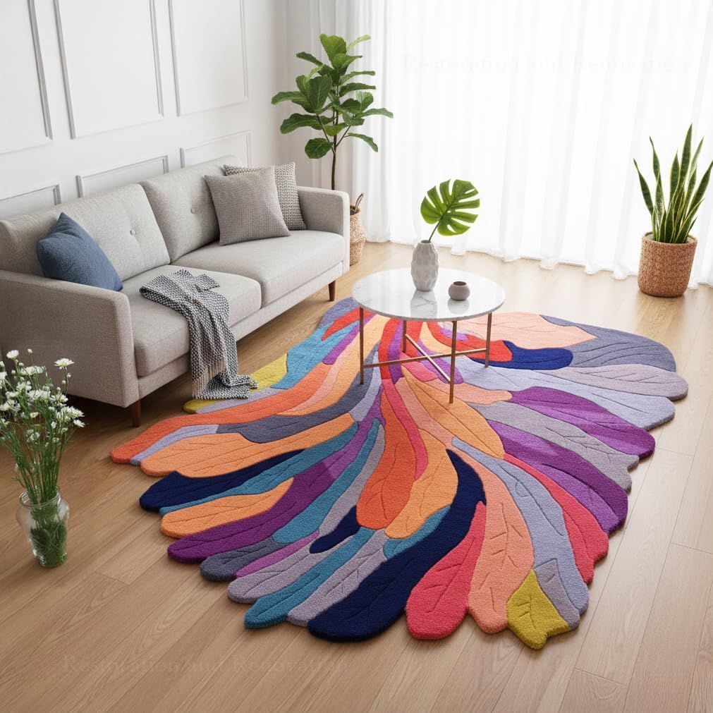 Handmade Irregular Shape Wool Rug | Unique Contemporary Colorful Botanical Design