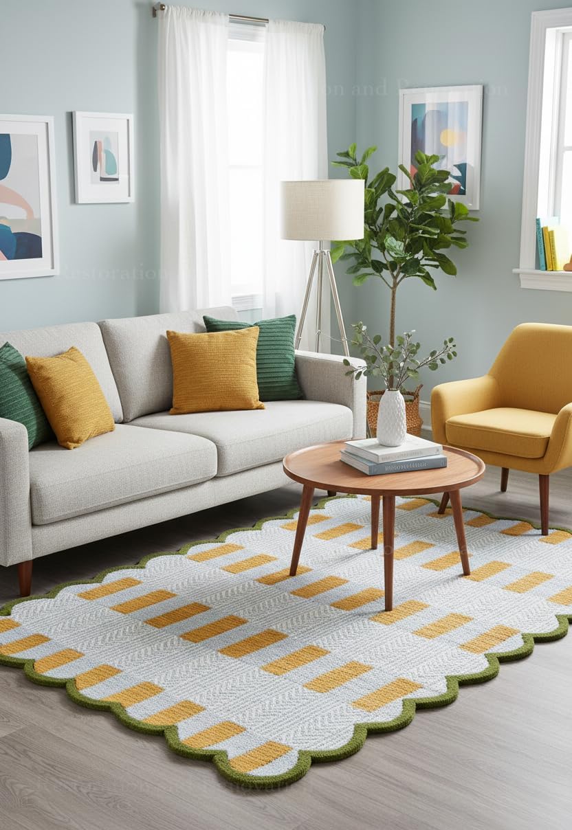 Handmade Scalloped Wool Area Rug - Modern Geometric Pattern & Green-Beige Stripes