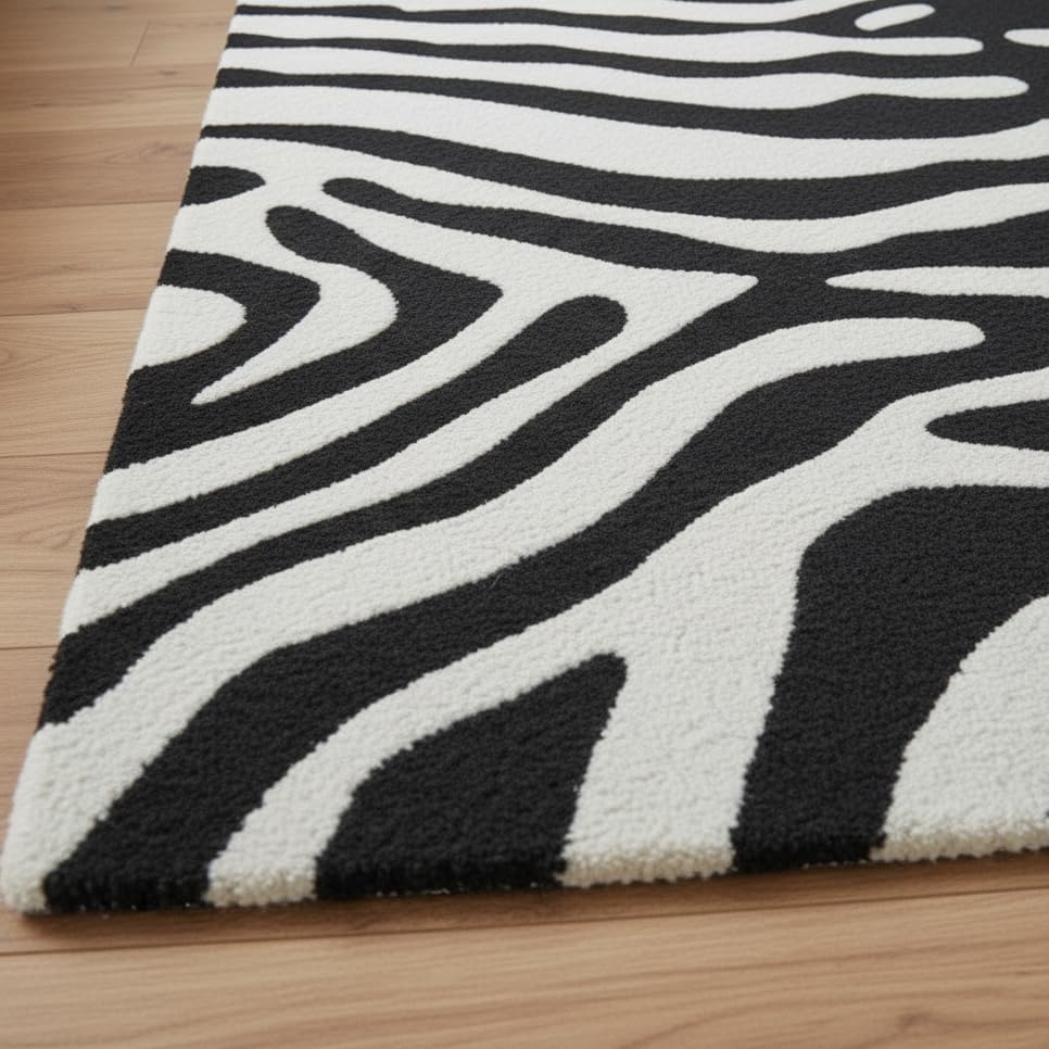 Modern Zebra Print Wool Rug in Black and White