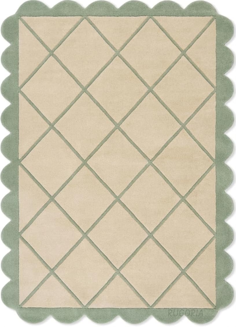 Modern Hand Tufted Wool Rug, Scalloped Border, Geometric Diamond Pattern,