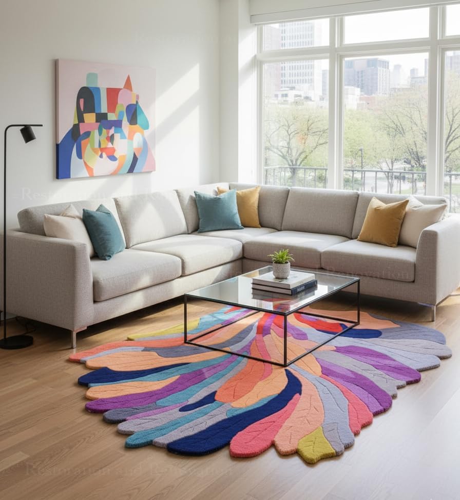 Handmade Irregular Shape Wool Rug | Unique Contemporary Colorful Botanical Design