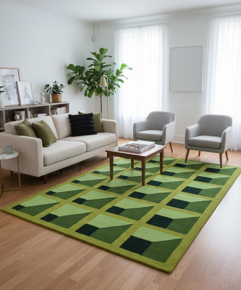 Hand-Tufted Wool Rug – Gustavian Floral Garden Maze in Lush Green Tones