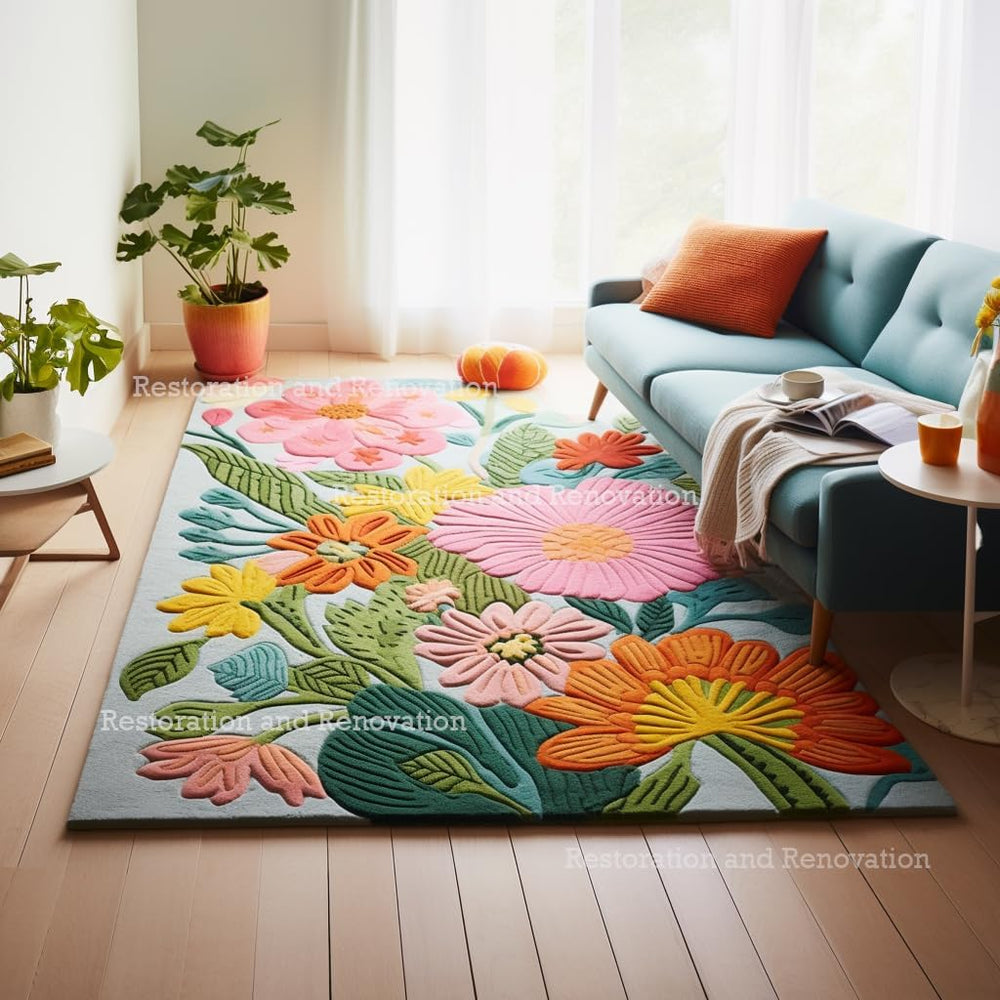 Hand-Tufted Wool Floral Area Rug – Colorful Botanical Garden Design