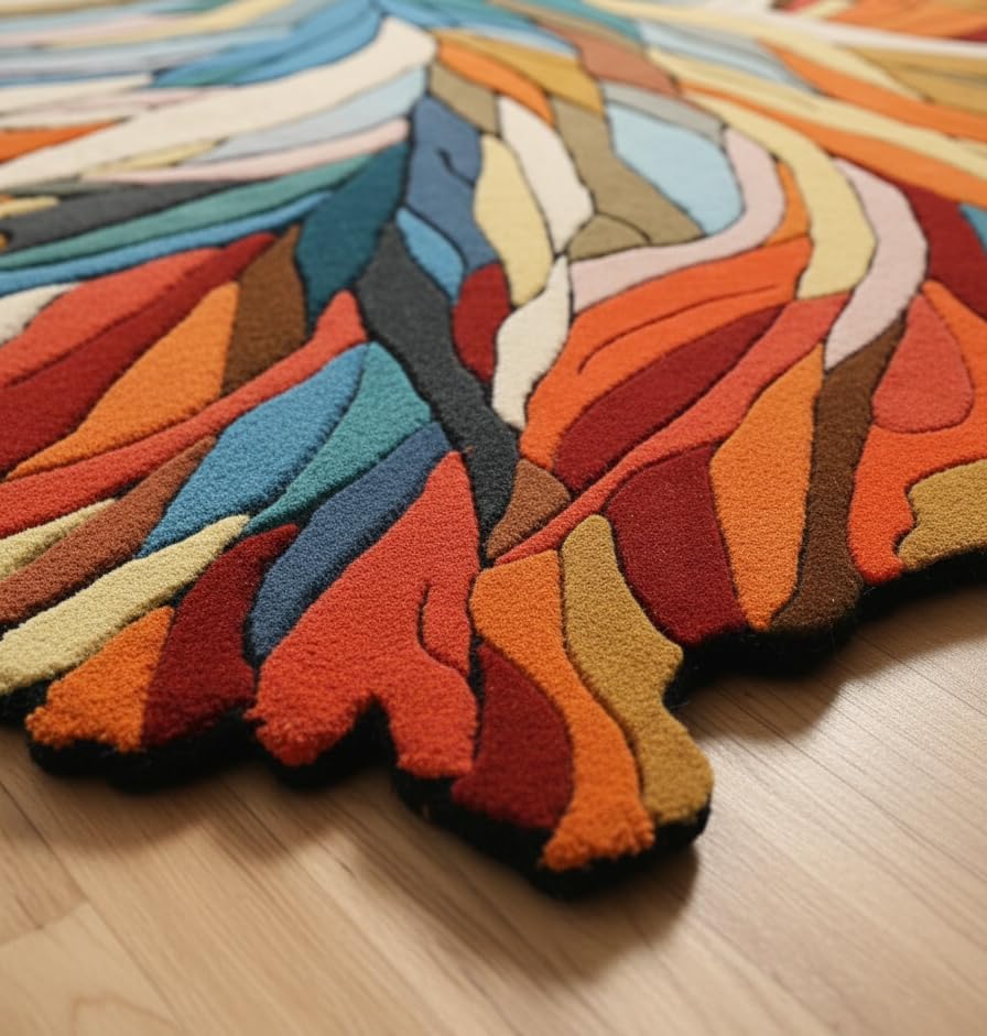 Handmade Irregular Shape Wool Area Rug - Unique Botanical Design Carpet