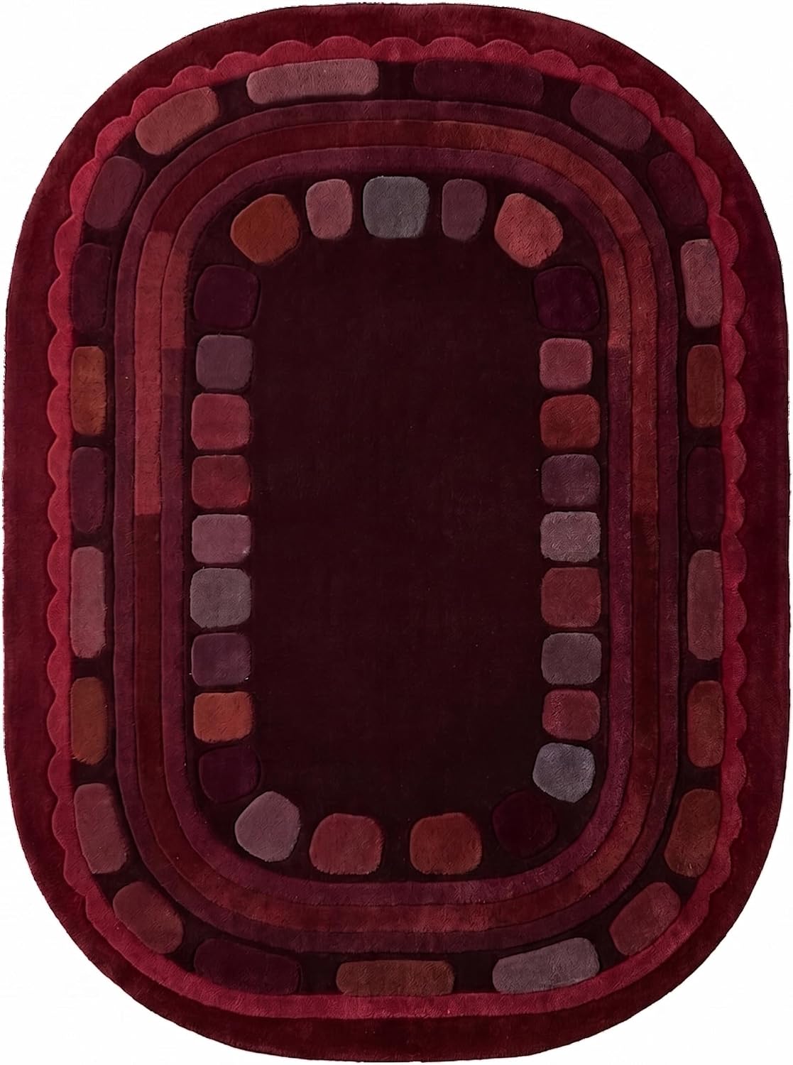 Hand Tufted Wool Rug, Rounded Rectangle Geometric Border Design,