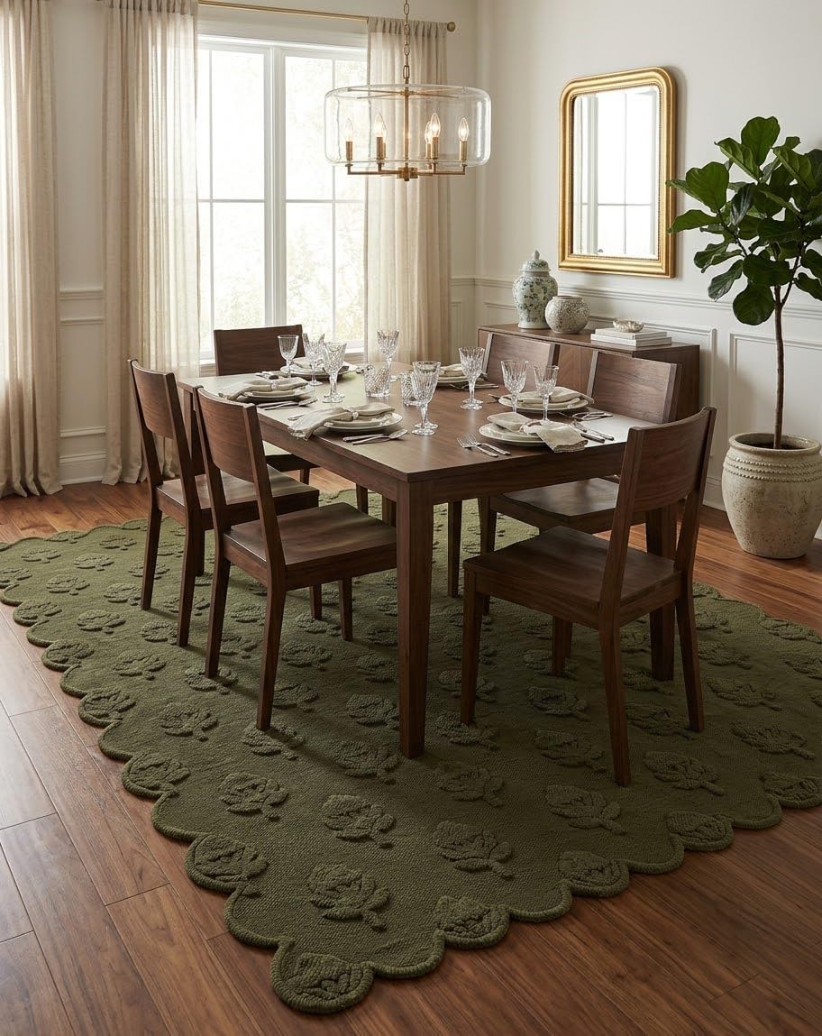 Hand Tufted Wool Rug, Floral Botanical Pattern with Scalloped