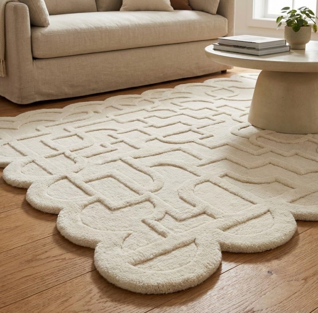 Hand-Tufted Wool Rug Scalloped Edge Modern Geometric Pattern