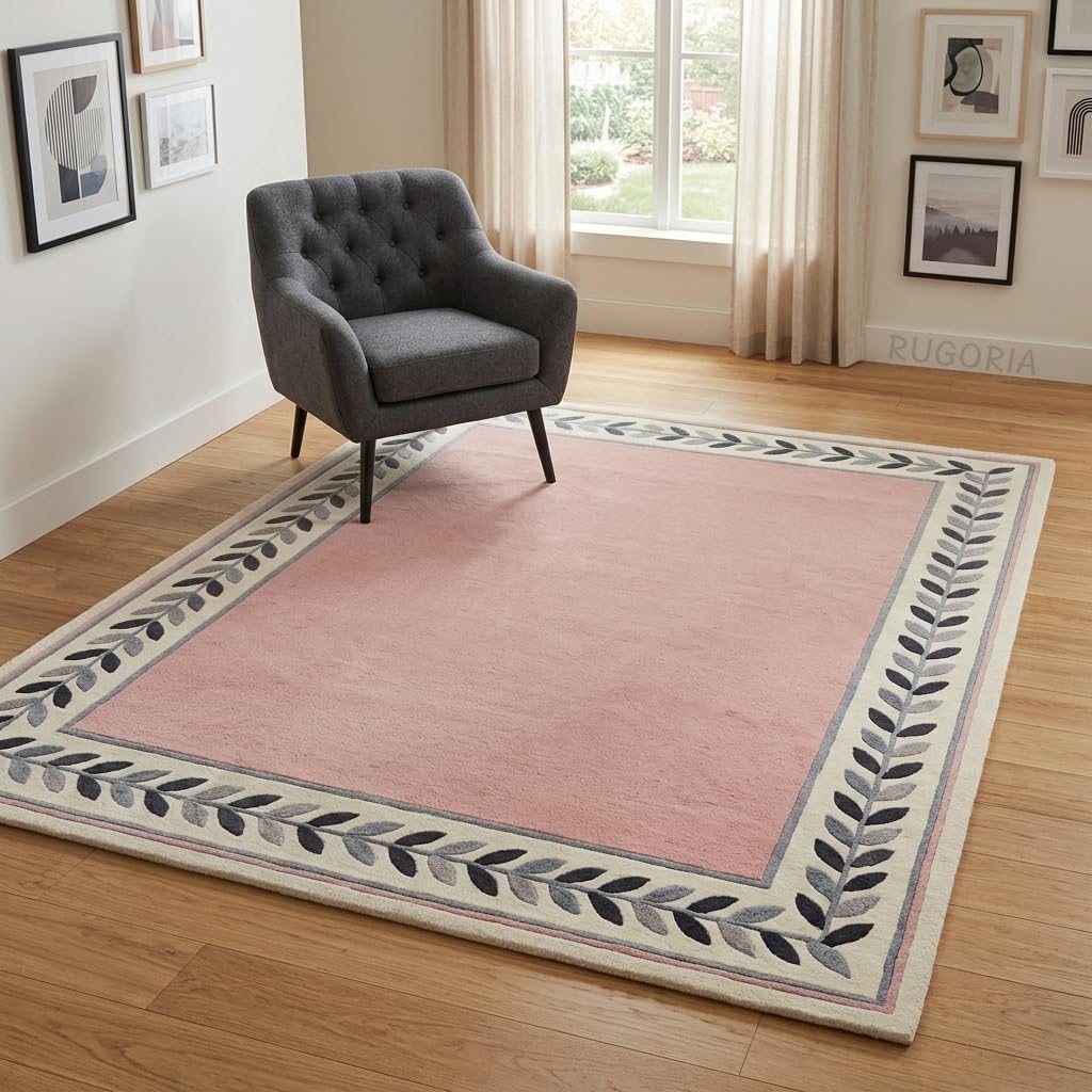 Modern Hand Tufted Wool Rug, Botanical Leaf Border Design