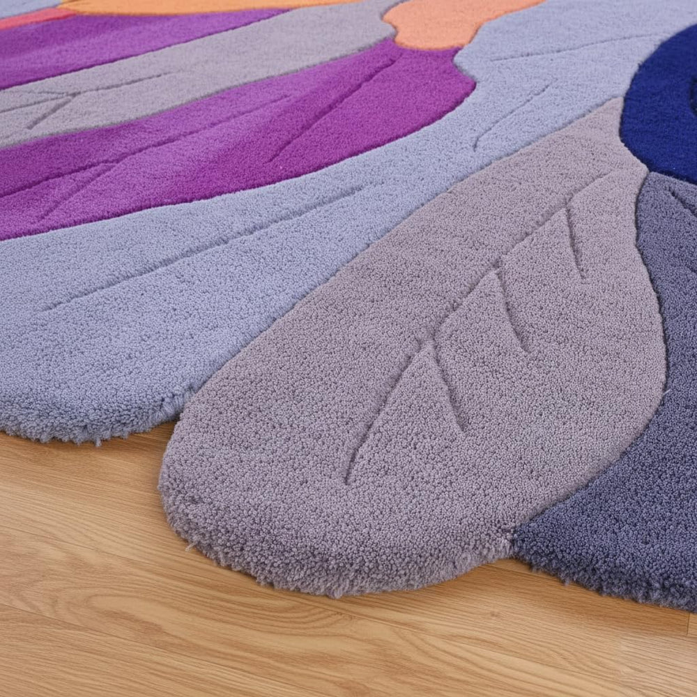 Handmade Irregular Shape Wool Rug | Unique Contemporary Colorful Botanical Design