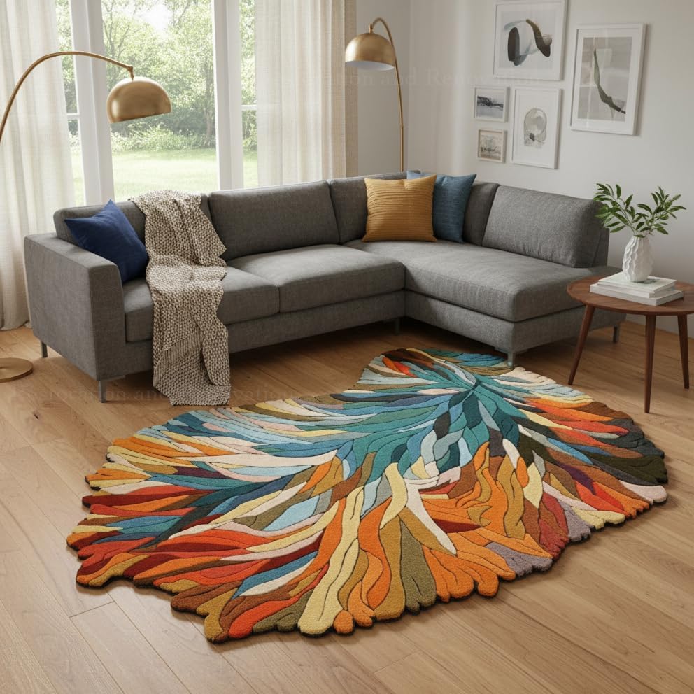 Handmade Irregular Shape Wool Area Rug - Unique Botanical Design Carpet