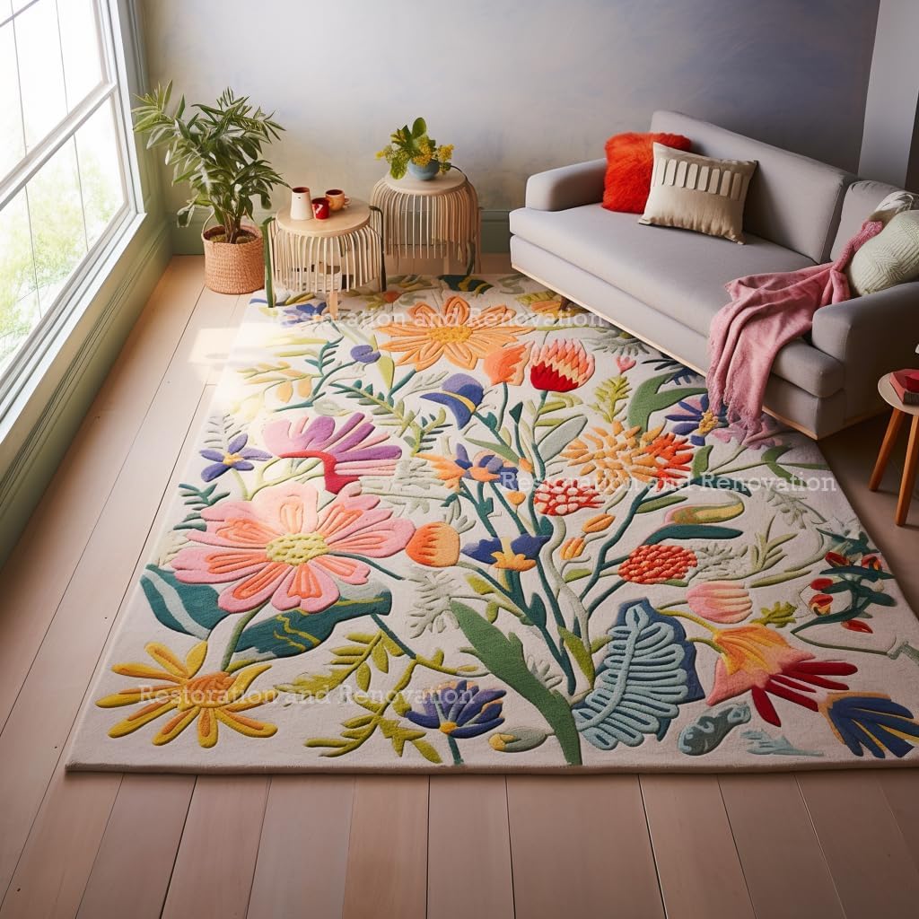 Hand-Tufted Wool Floral Area Rug – Colorful Botanical Garden Design
