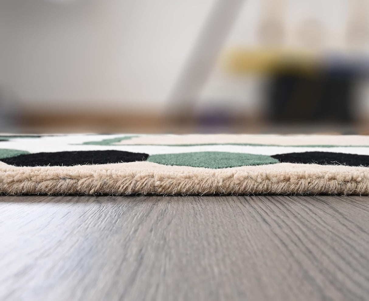 Hand-Tufted Wool Rug – Geometric Border Design in Black, Green & Beige