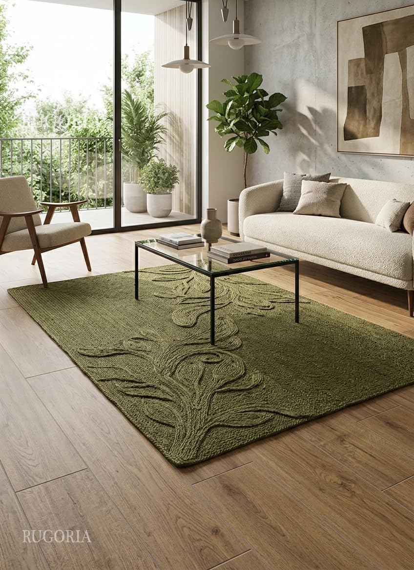 Handwoven Jute Rug with Textured Floral Border Design, Natural Fiber Rug