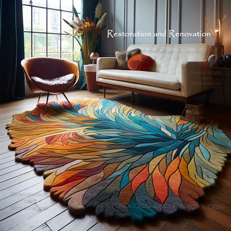 Colorful feather-shaped rug on wood floor.