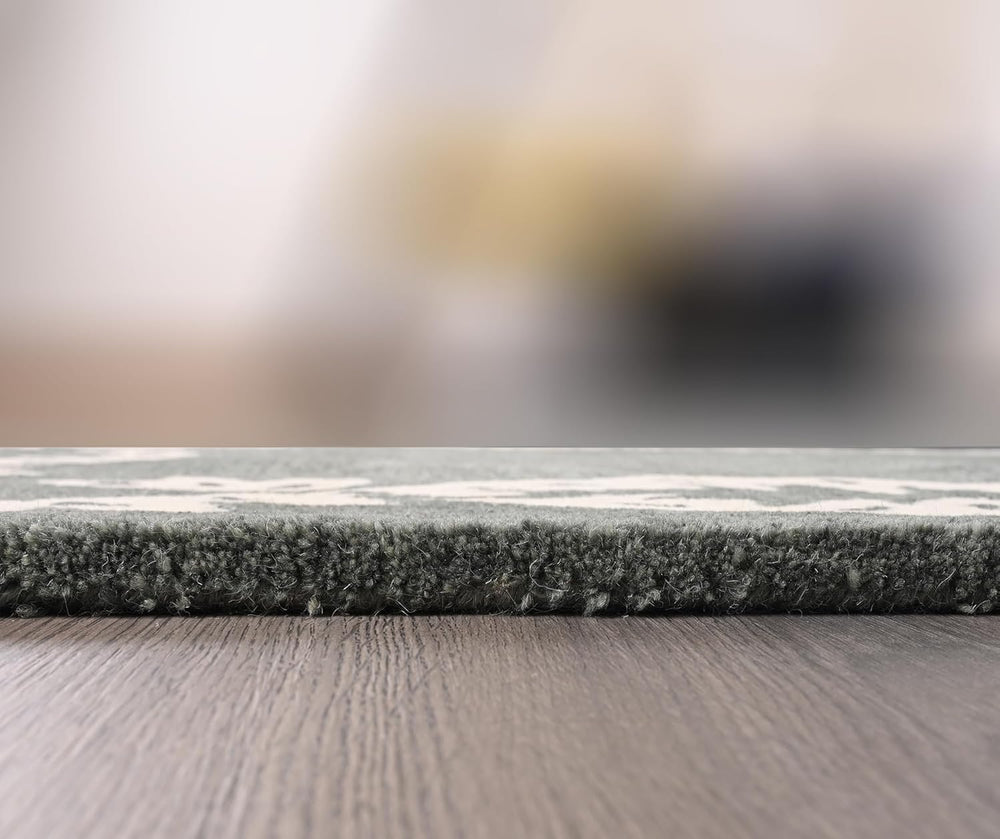 Hand-Tufted Wool Rug - Intricate White Vine Border Carpet