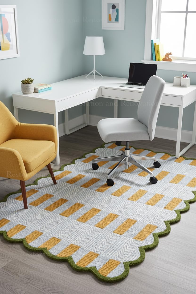 Handmade Scalloped Wool Area Rug - Modern Geometric Pattern & Green-Beige Stripes