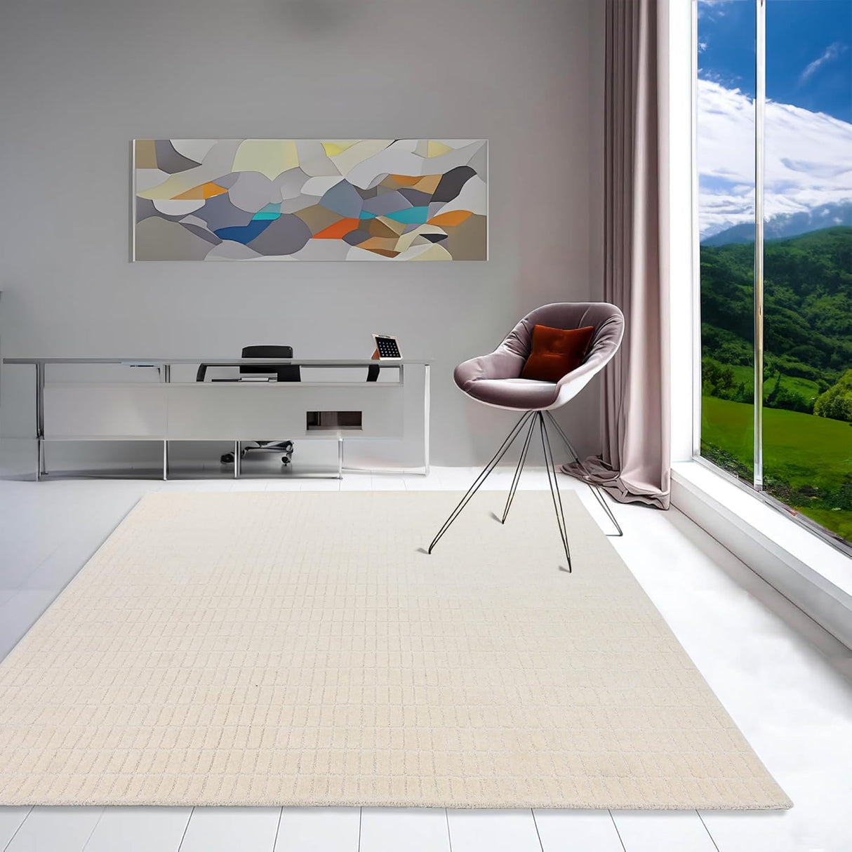 Modern room with window, green view, blue sky.