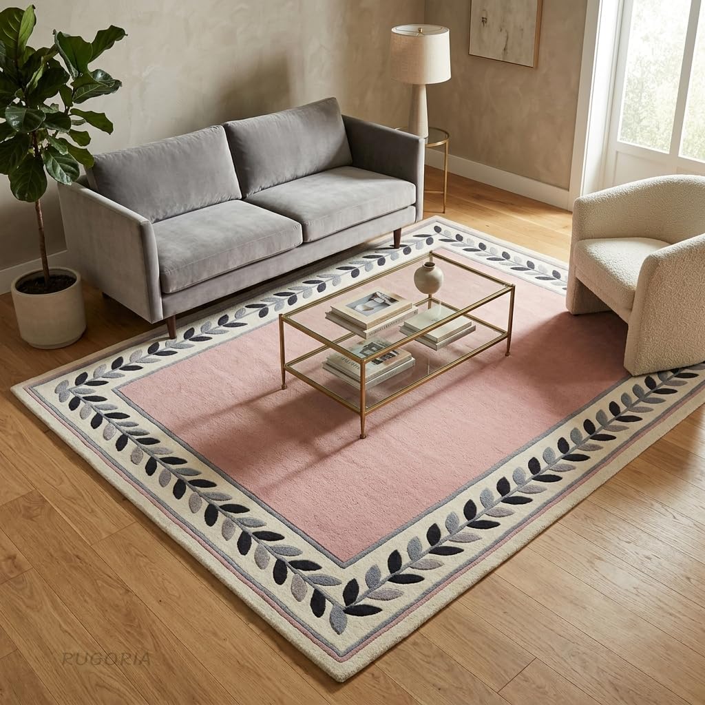 Modern Hand Tufted Wool Rug, Botanical Leaf Border Design