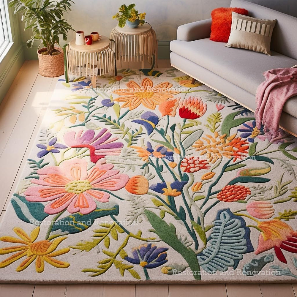 Hand-Tufted Wool Floral Area Rug – Colorful Botanical Garden Design