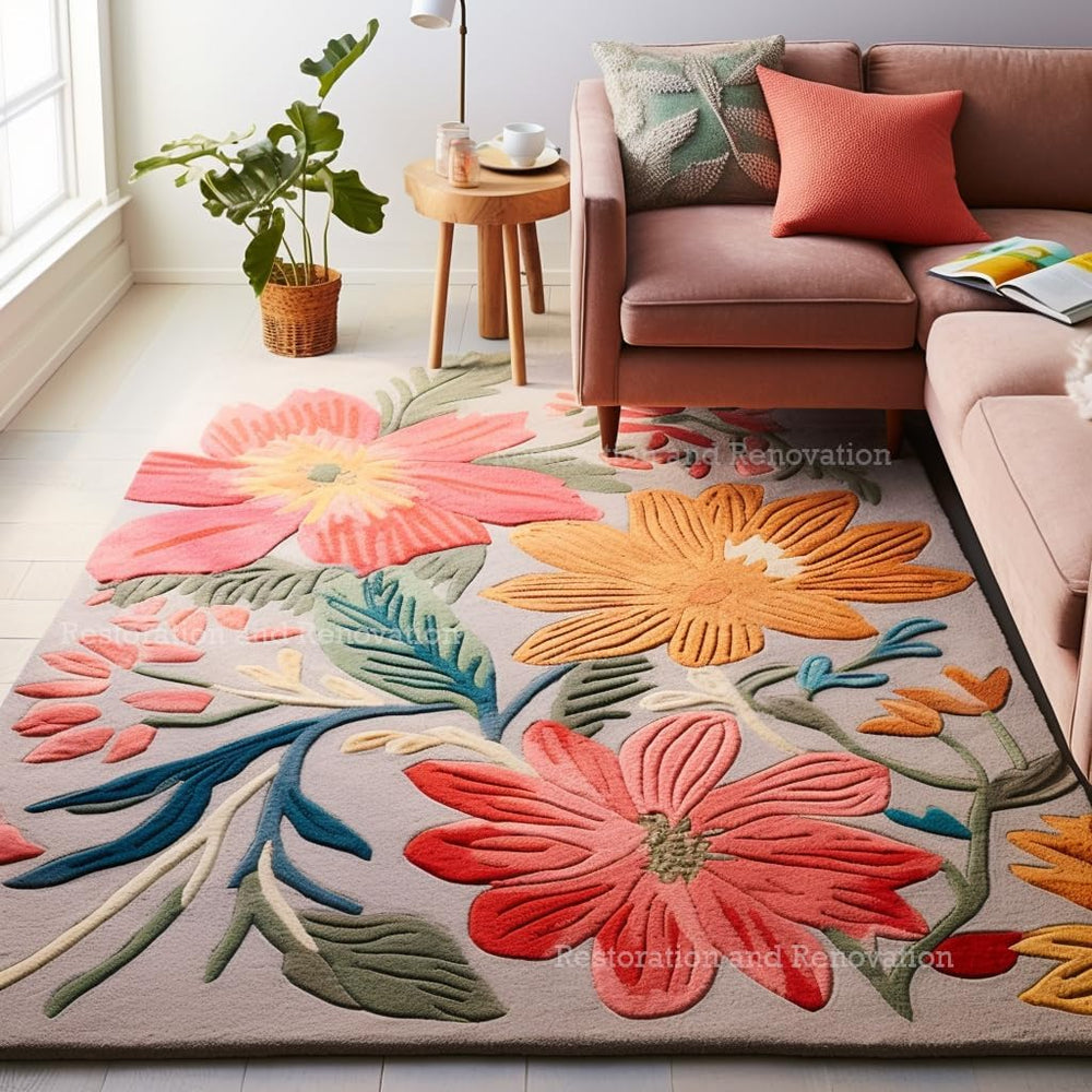 Hand-Tufted Wool Floral Area Rug – Colorful Botanical Garden Design