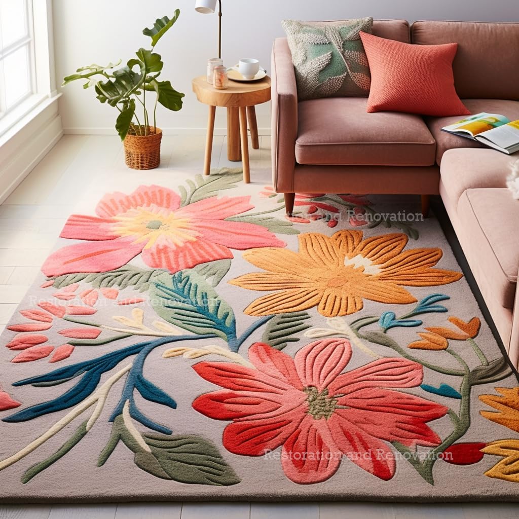 Hand-Tufted Wool Floral Area Rug – Colorful Botanical Garden Design