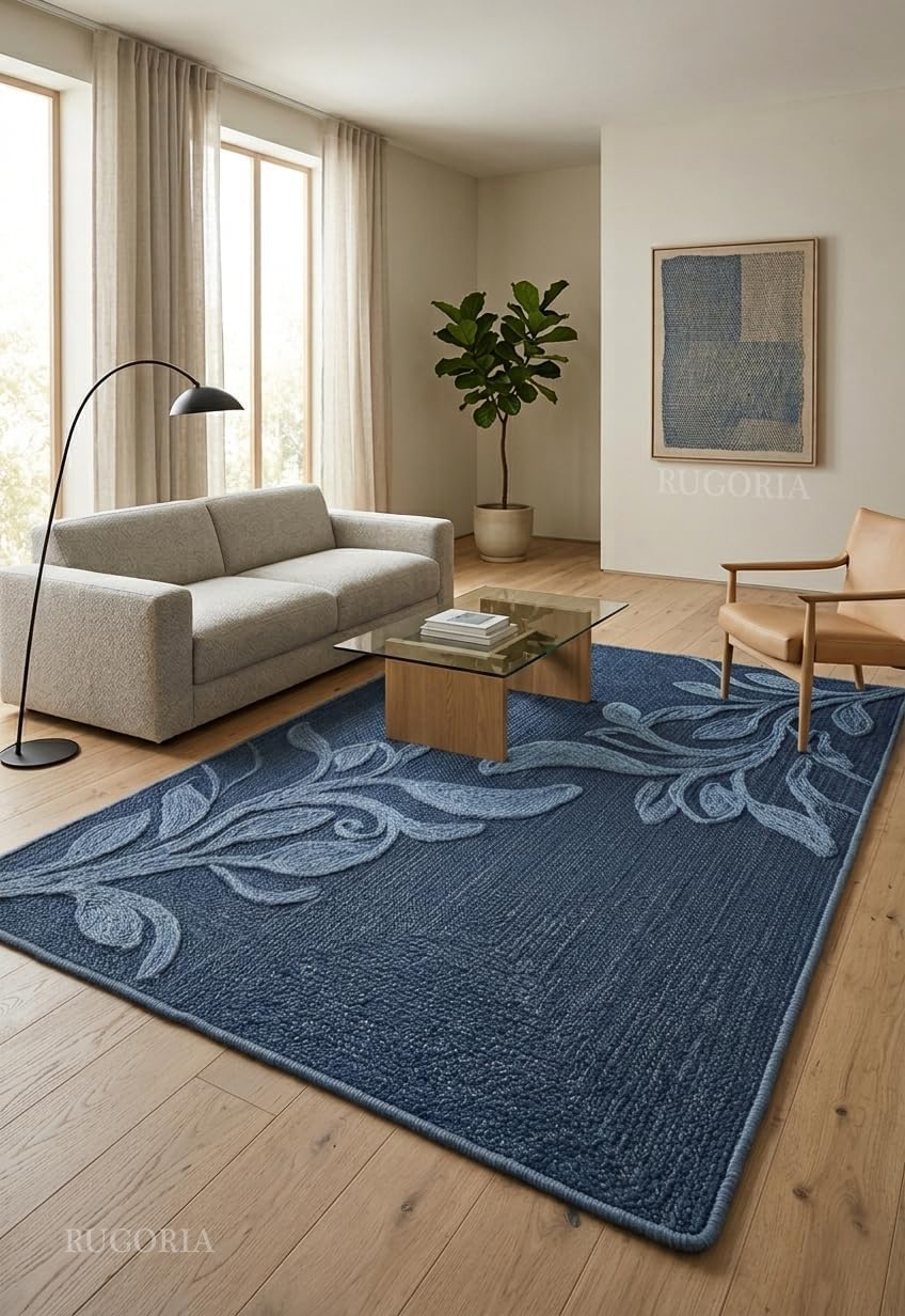 Handwoven Jute Rug with Textured Floral Border Design, Natural Fiber Rug