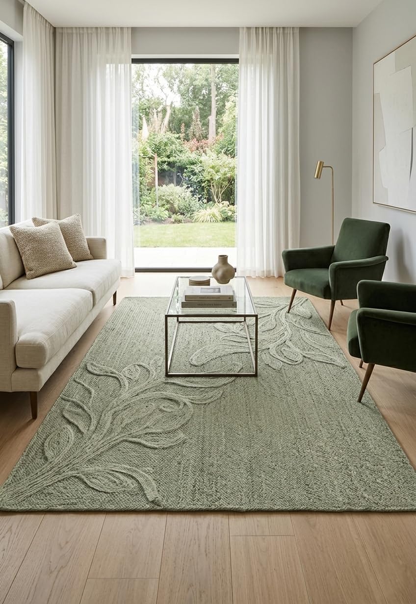 Handwoven Jute Rug with Textured Floral Border Design, Natural Fiber Rug