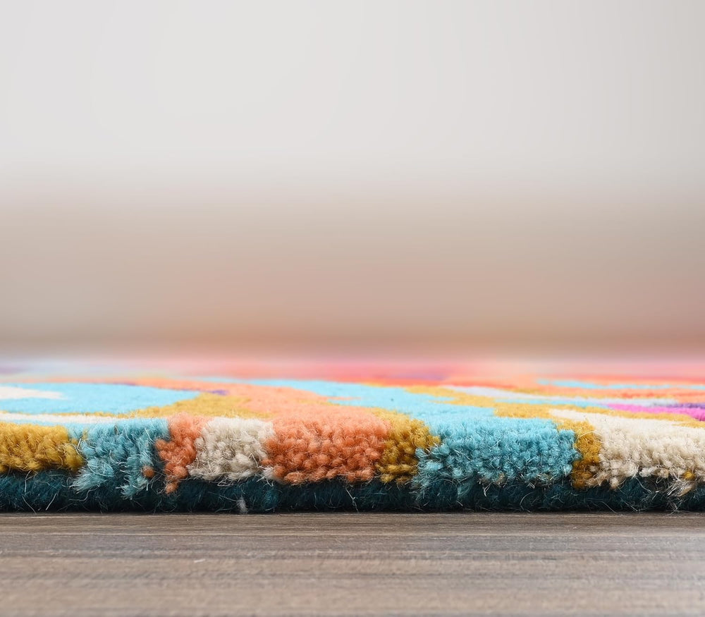 Modern Rose Floral Wool Rug | Colorful Garden Flower Design Carpet