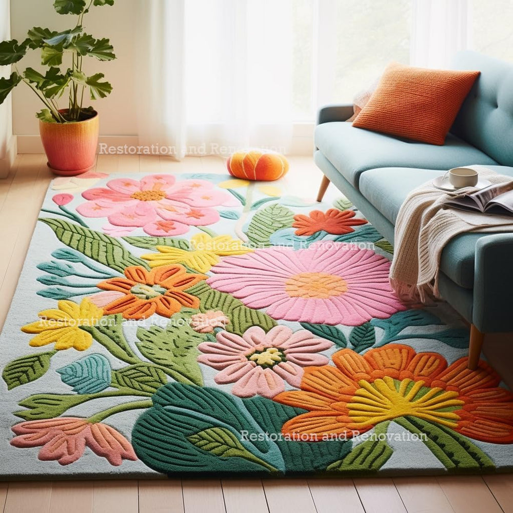 Hand-Tufted Wool Floral Area Rug – Colorful Botanical Garden Design