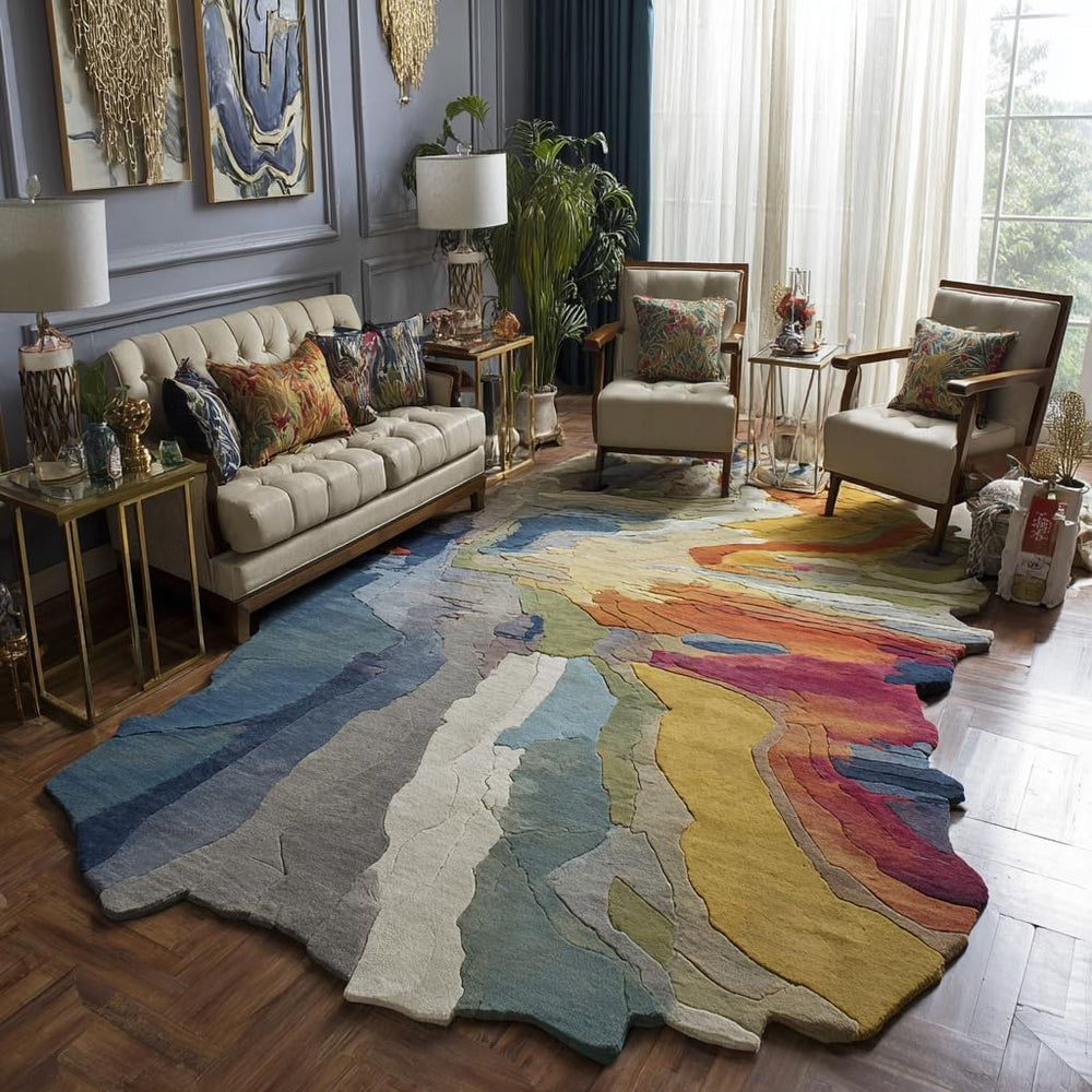 Handmade Irregular Shape Wool Area Rug – Colorful Abstract Tufted Carpet