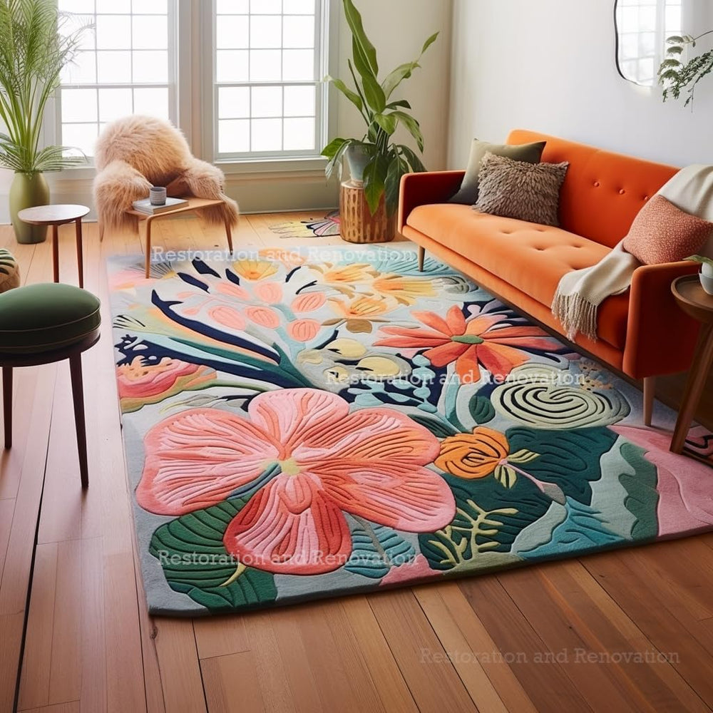 Hand-Tufted Wool Floral Area Rug – Colorful Botanical Garden Design