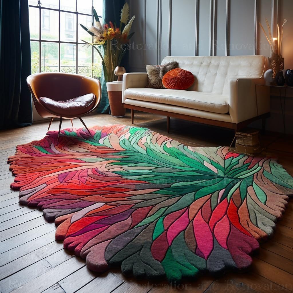 Handmade Irregular Shape Wool Area Rug - Unique Botanical Design Carpet