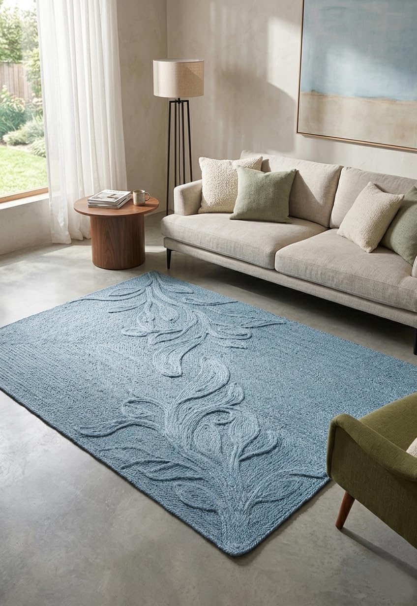 Handwoven Jute Rug with Textured Floral Border Design, Natural Fiber Rug