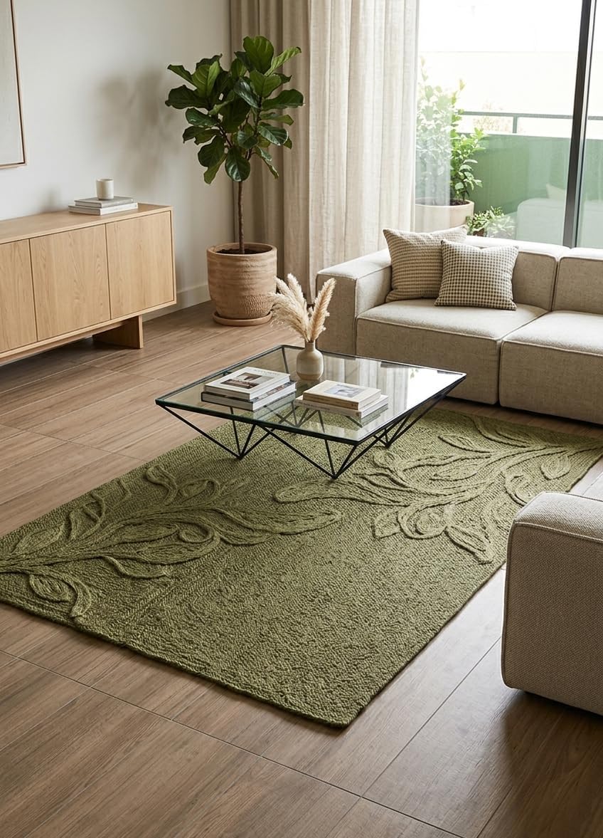 Handwoven Jute Rug with Textured Floral Border Design, Natural Fiber Rug
