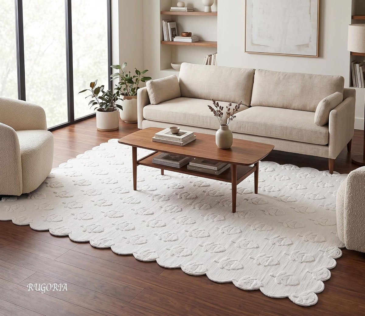 Hand Tufted Wool Rug, Floral Botanical Pattern with Scalloped
