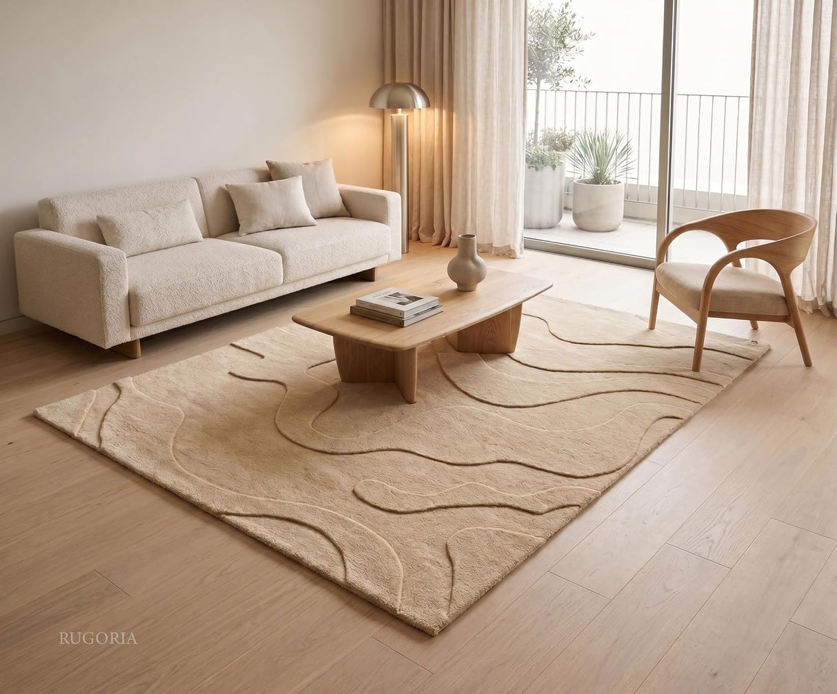 Modern Abstract Hand-Tufted Wool Area Rug Carved High-Low Pattern