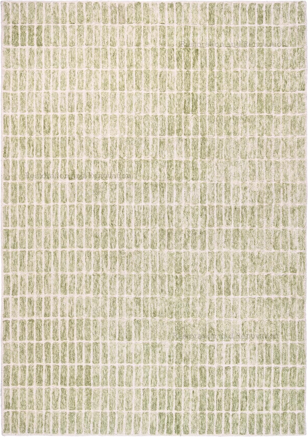 Close-up sage and cream rug with grid pattern.