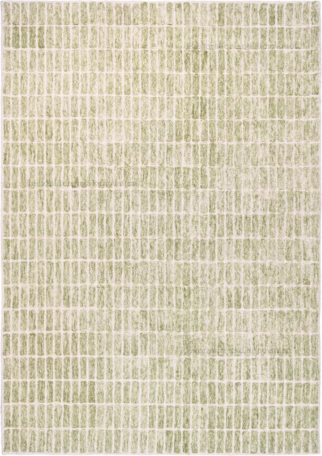 Close-up sage and cream rug with grid pattern.