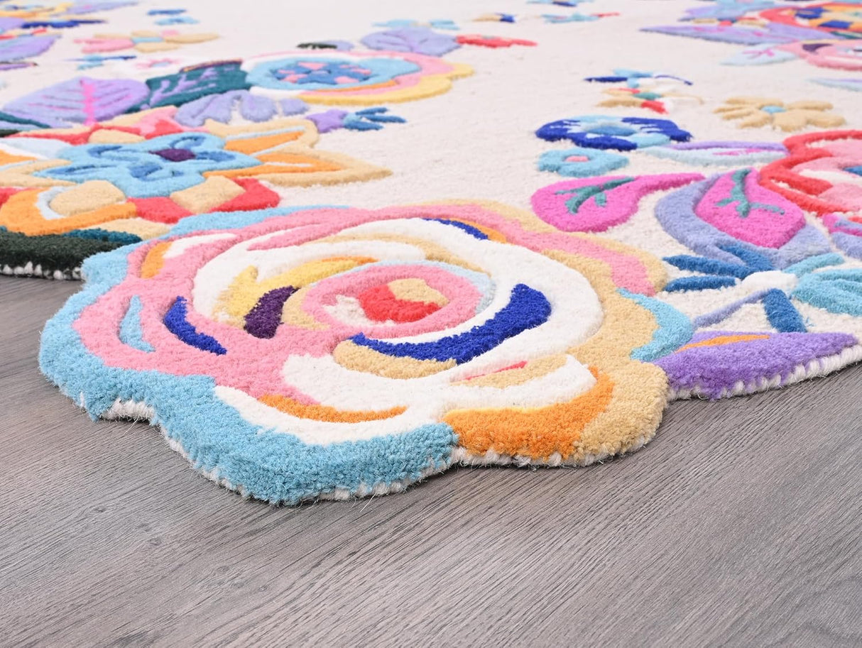 Handmade Colorful Roses Floral Wool Area Rug