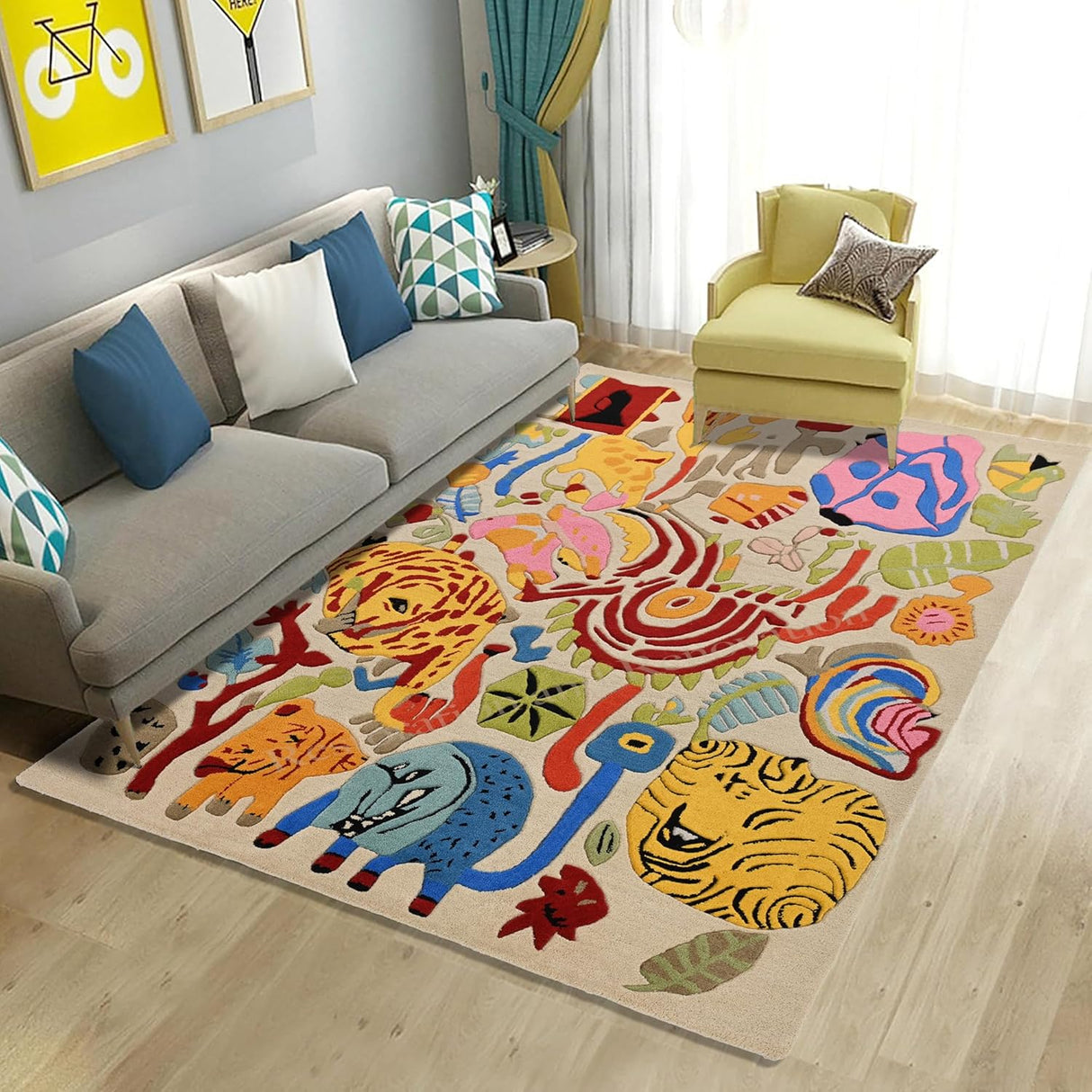 Handmade Artistic Animal Wool Area Rug – Colorful Kids’ Room & Nursery Carpet – Soft Plush Tufted Jungle Theme Rugs