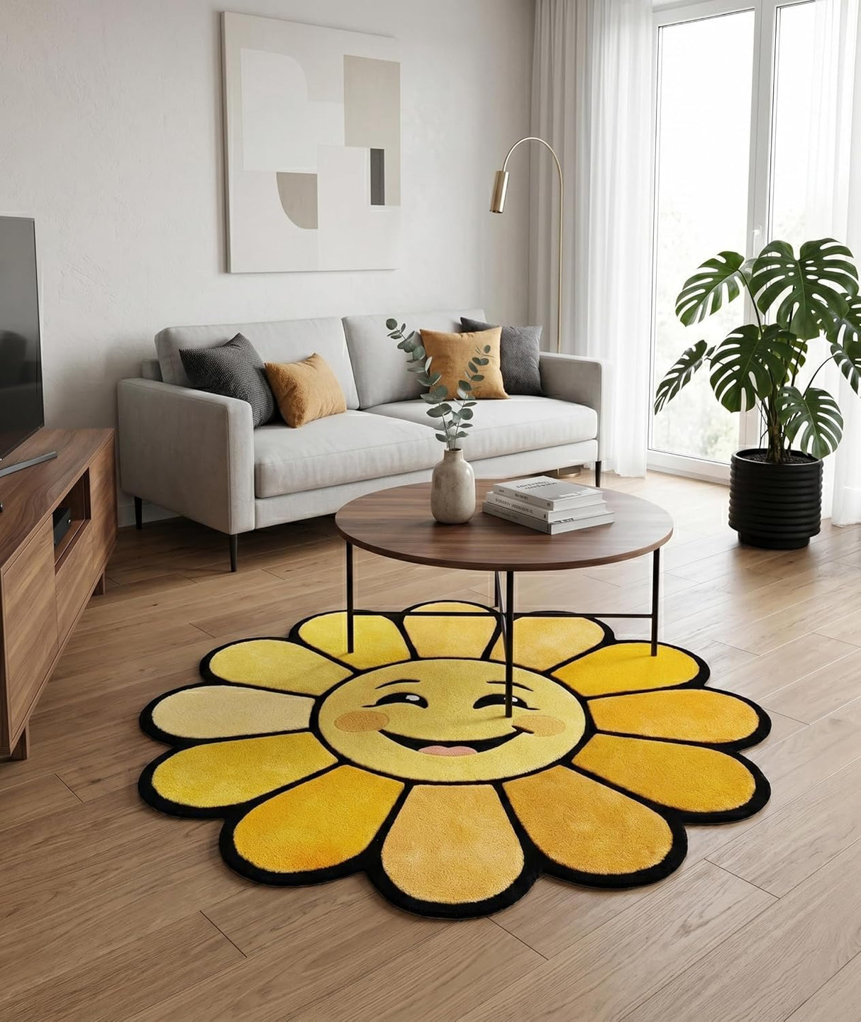 Hand Tufted Wool Area Rug Flower Shape Cartoon Face Design