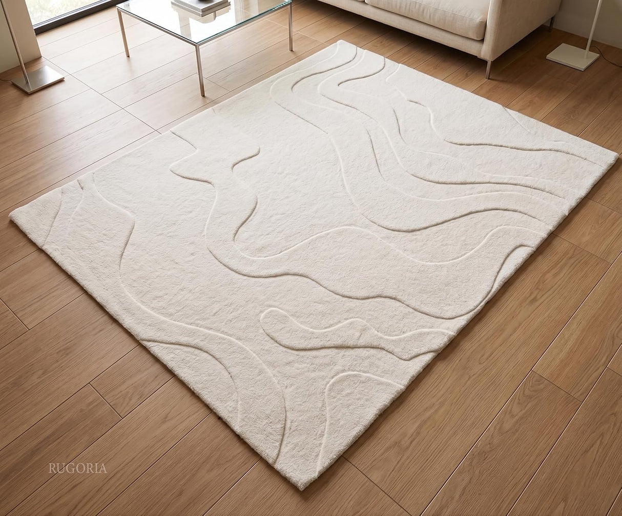 Modern Abstract Hand-Tufted Wool Area Rug Carved High-Low Pattern