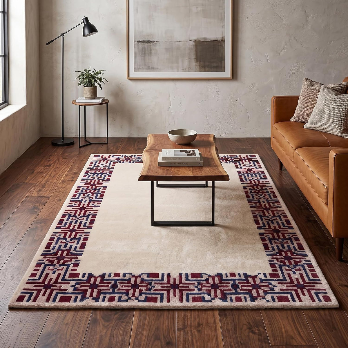 Hand-Tufted Wool Area Rug, Geometric Border,
