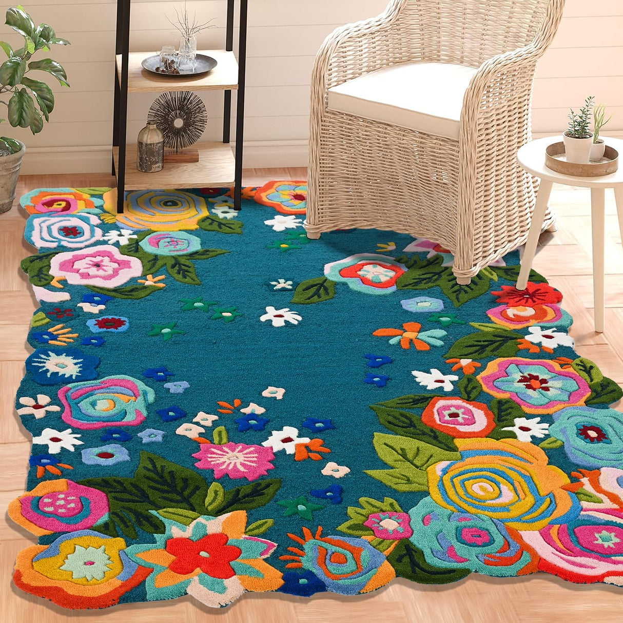 Handmade Colorful Roses Floral Wool Area Rug