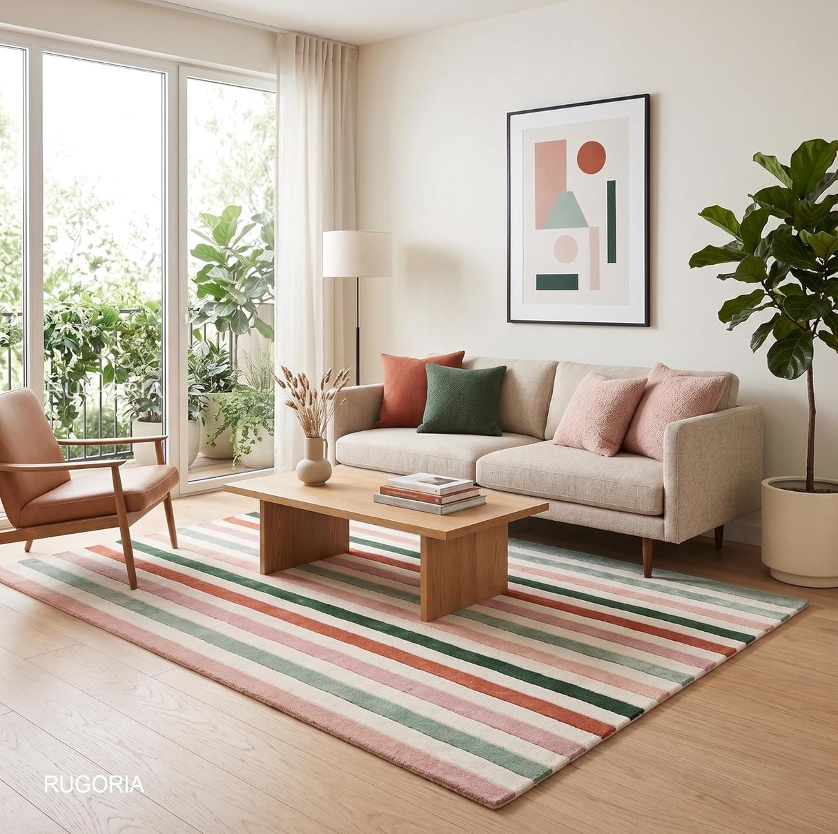 Handmade Wool Rug with Colorful Vertical Stripes Soft Hand Tufted Carpet