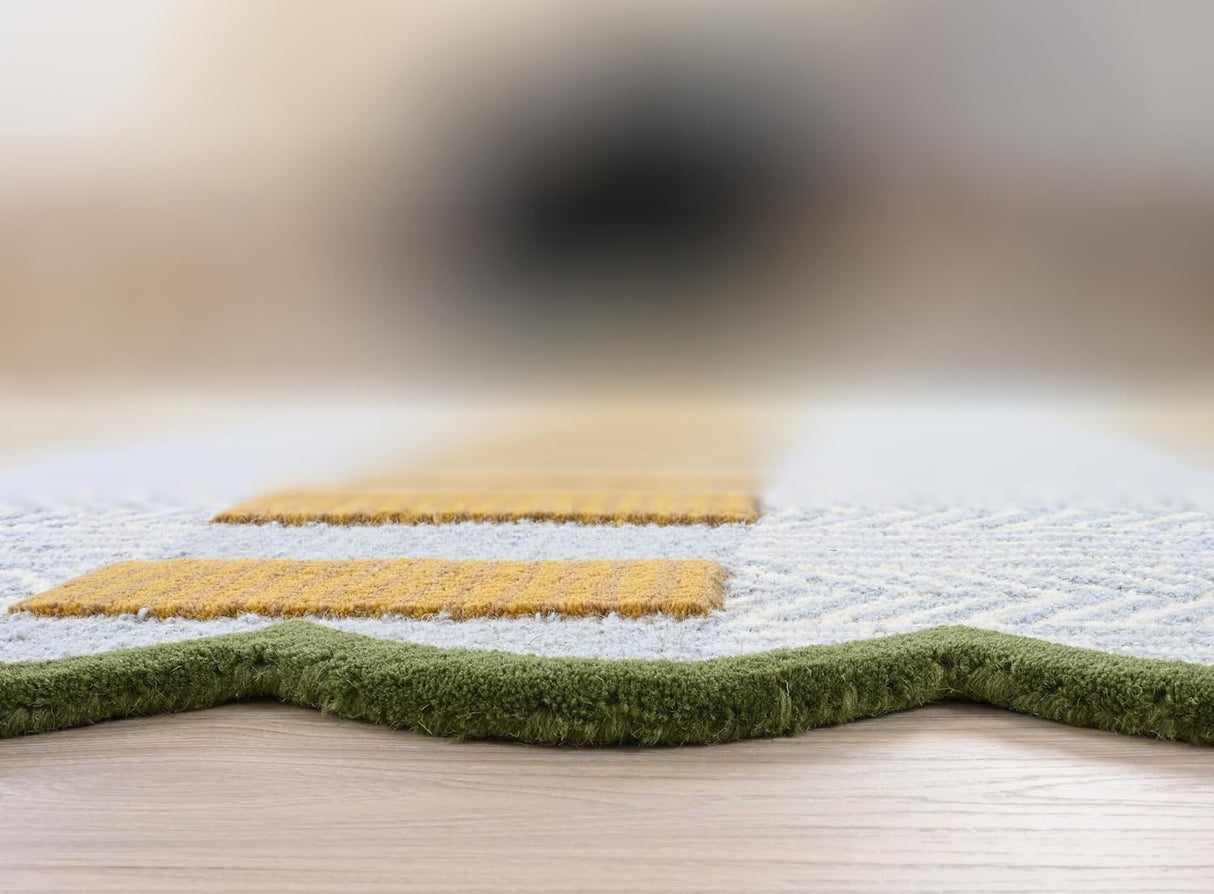 Handmade Scalloped Wool Area Rug - Modern Geometric Pattern & Green-Beige Stripes