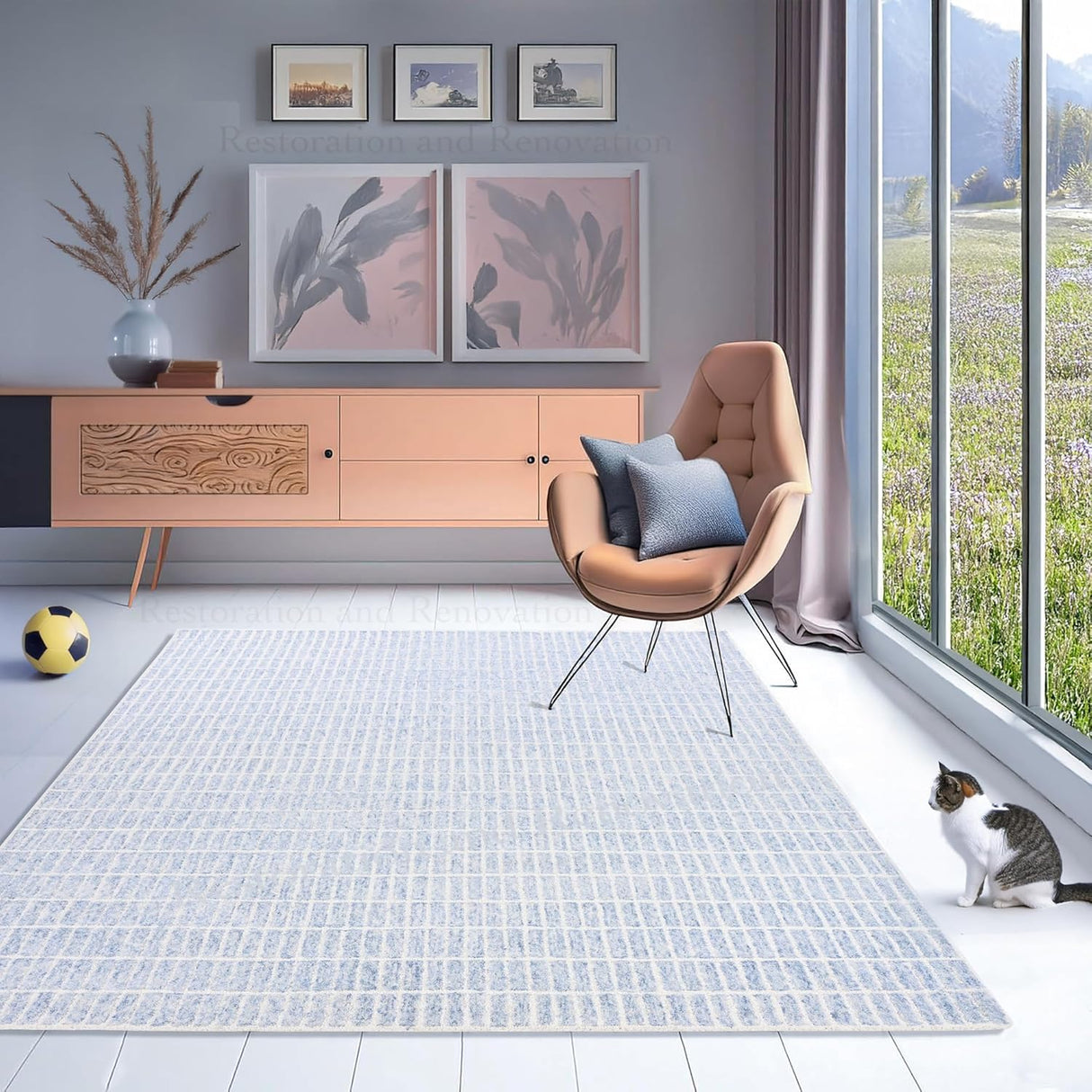 Modern living room with mountain and greenery view.